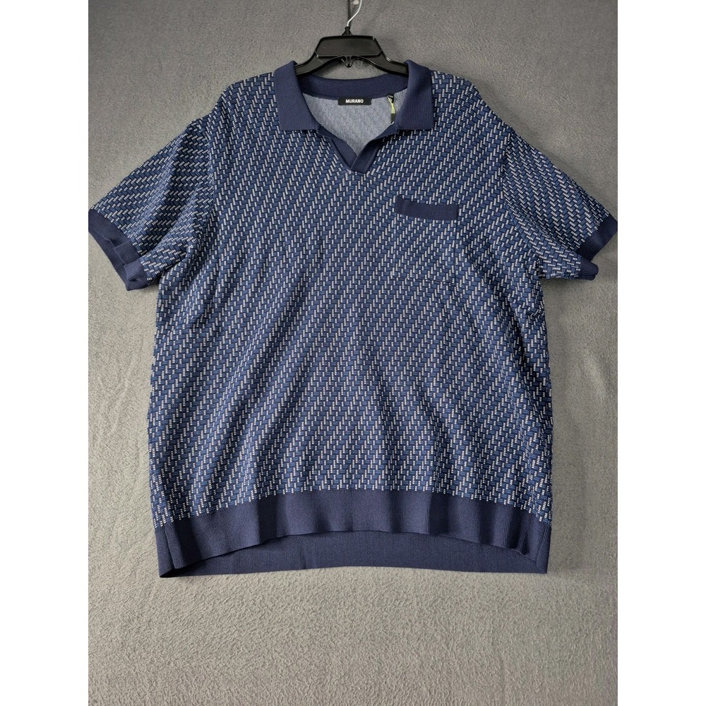 Murano Modern Performance Mens XXL Knit Geometric Polo Shirt Blue Black Preppy